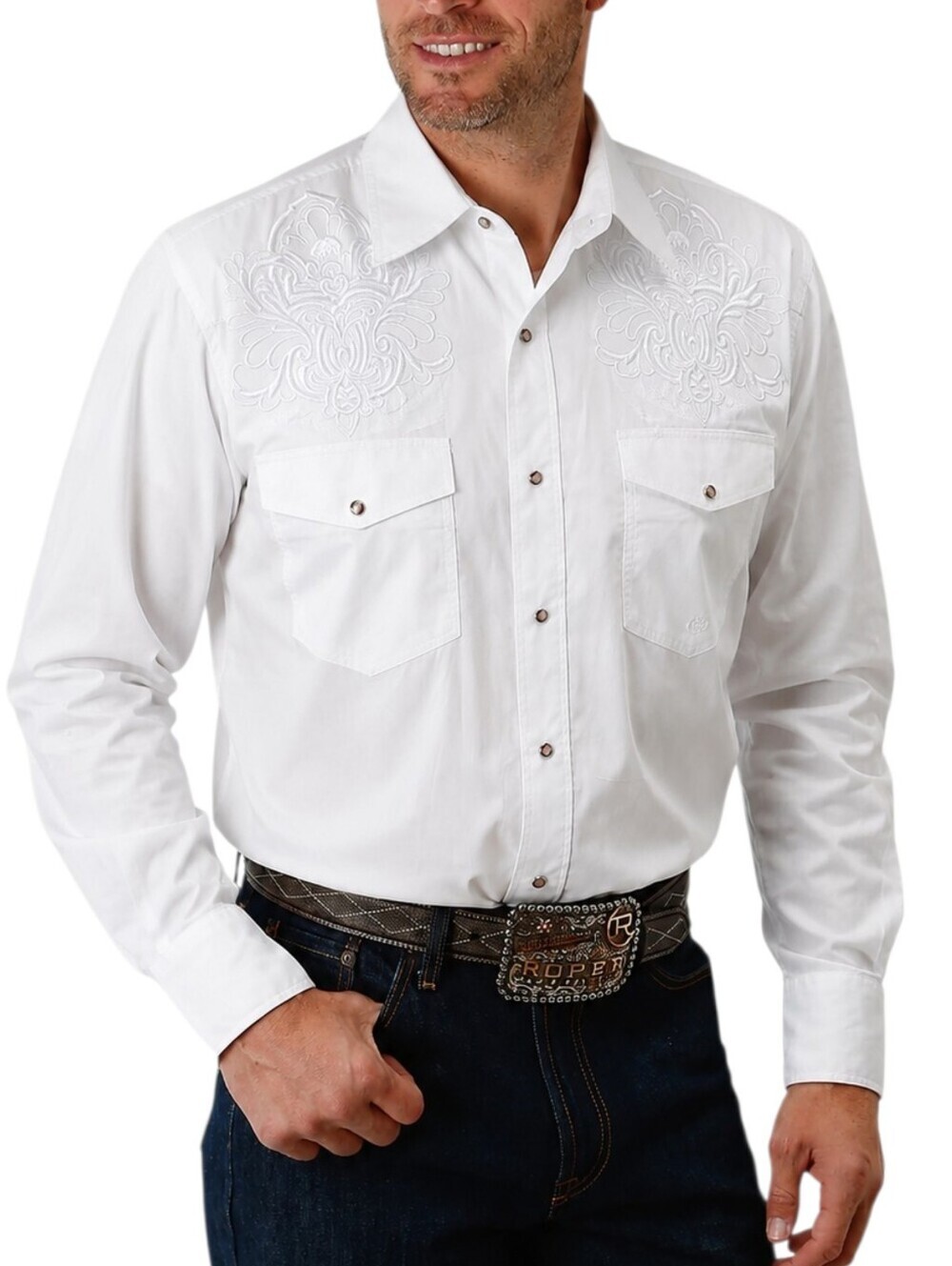 Roper Western Shirt Men Medium White Cotton Tonal Embroidery